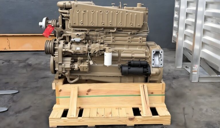 A close-up view of a modern diesel engine inside a professional automotive workshop.